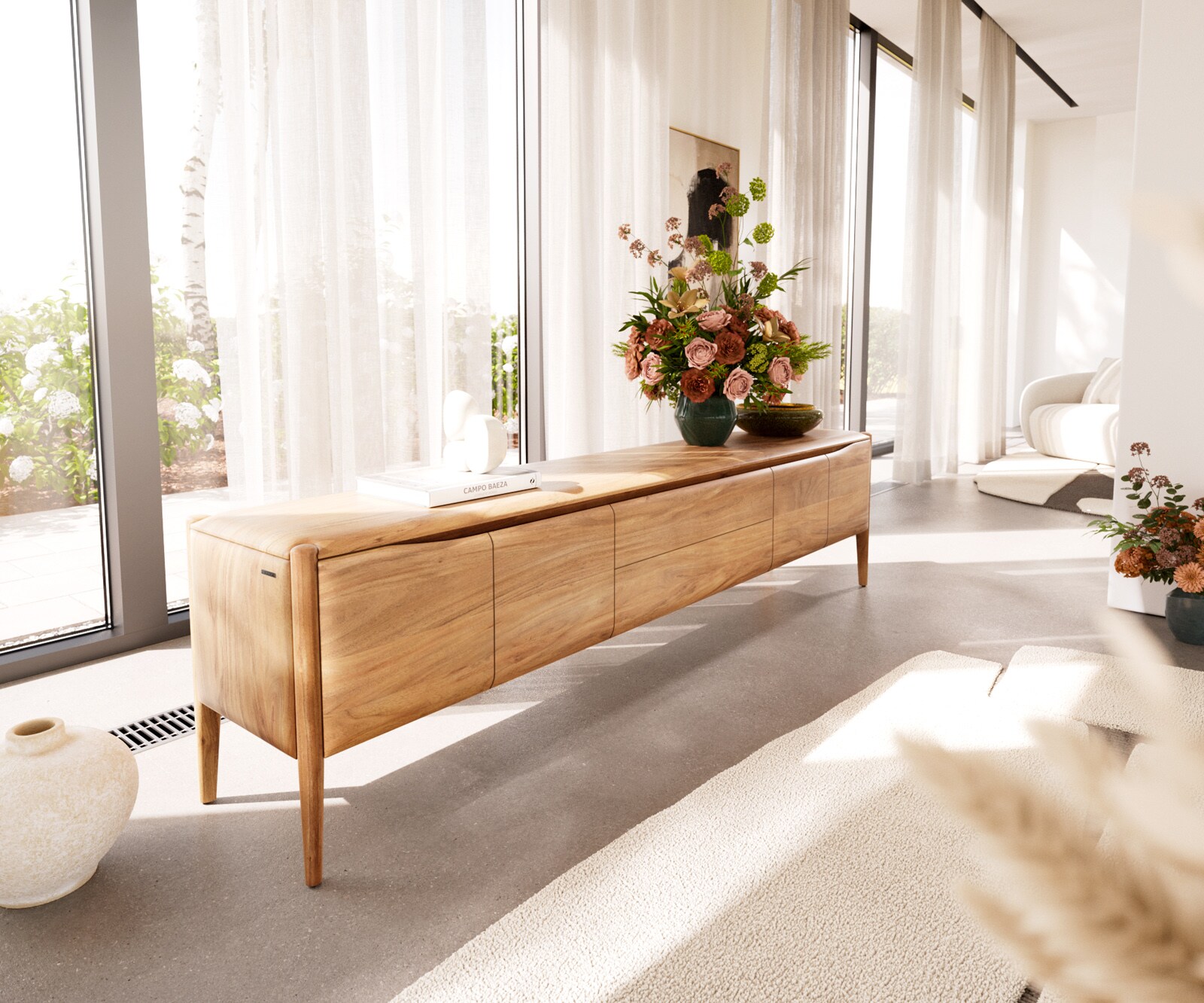 Нисък шкаф Simcha 220 cm естествена акация 4 врати 2 чекмеджета 1