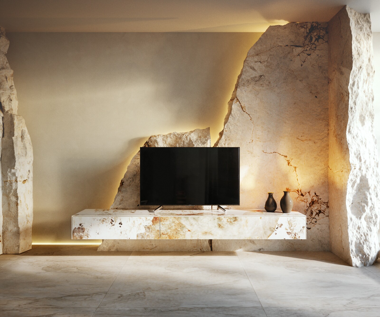 Ниска дъска Cuor 200 cm керамика Minas Melange бяло-бежово 1 клапа 1 чекмедже Плаващ 1