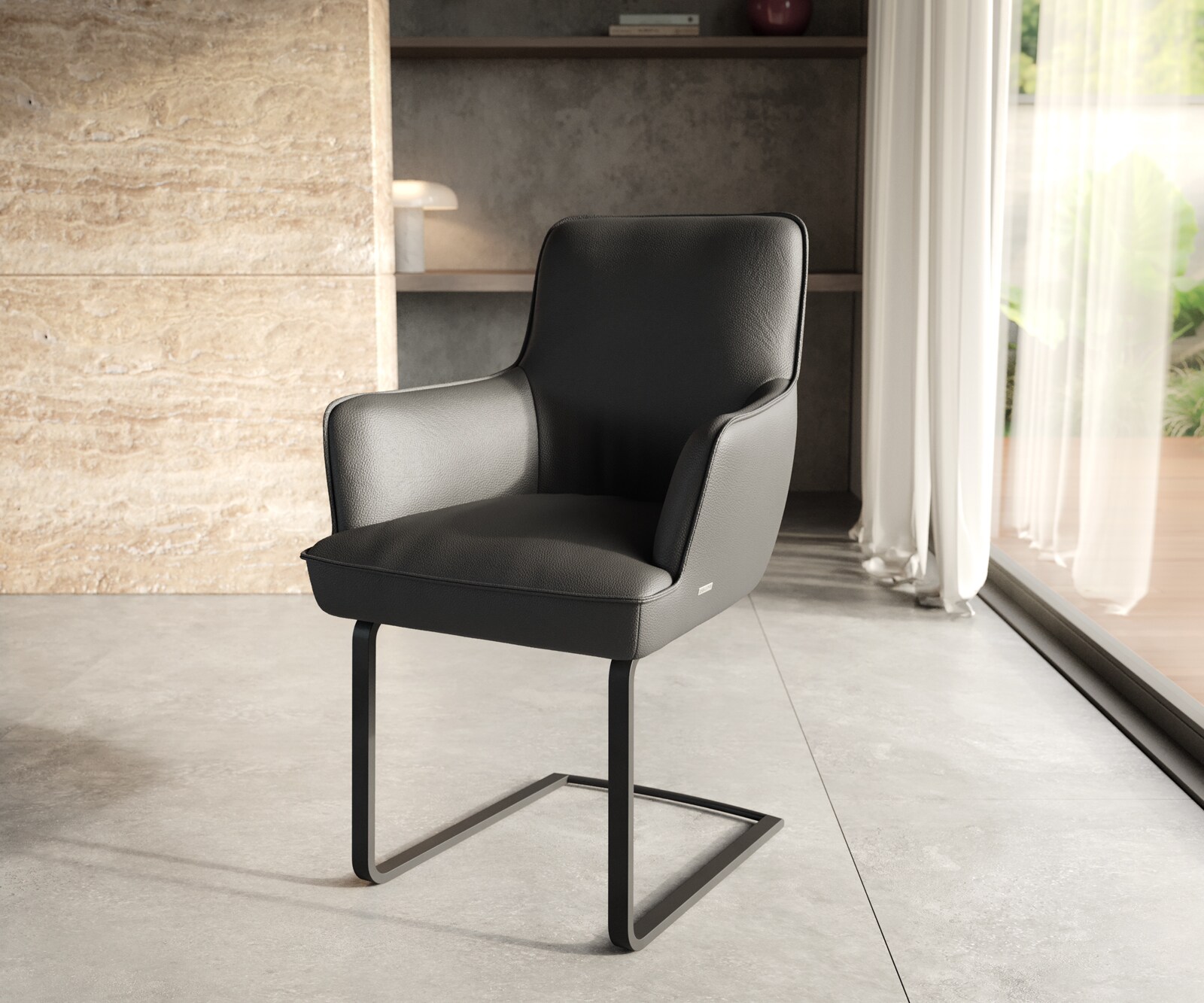 Люлеещ стол с подлакътници Естествена кожа Черен Конзолен крак плосък Черен Покет пружина Heira-Flex Люлеещ стол с подлакътници Естествена кожа Черен Конзолен крак плосък Черен Покет пружина Heira-Flex