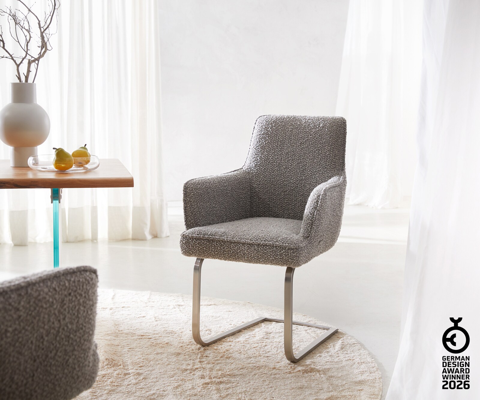 Люлеещ стол с подлакътници Букле Сребристо сив Конзолен крак плосък Неръждаема стомана Покет пружина Heira-Flex