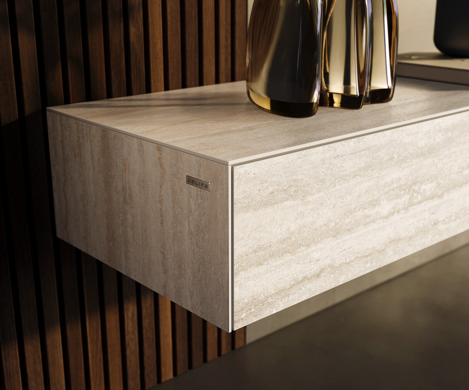 Стенен ТВ шкаф Cuor 200 см Керамика Laminam® Travertino Bianco Крем-бяло 1 врата 1 чекмедже 5