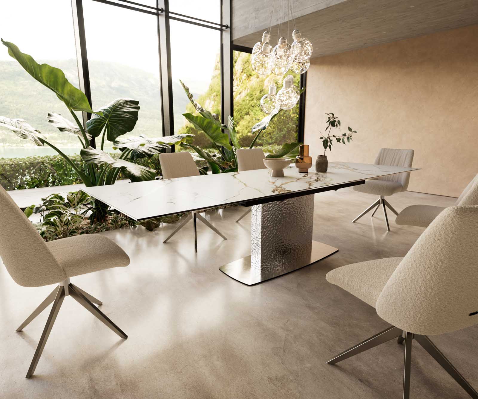 Разтегателна трапезна маса Edge 200-300x100 см Керамика Calacatta Luxe Бял-Злато-Сив Един крак Стоманена основа Сребристосива 