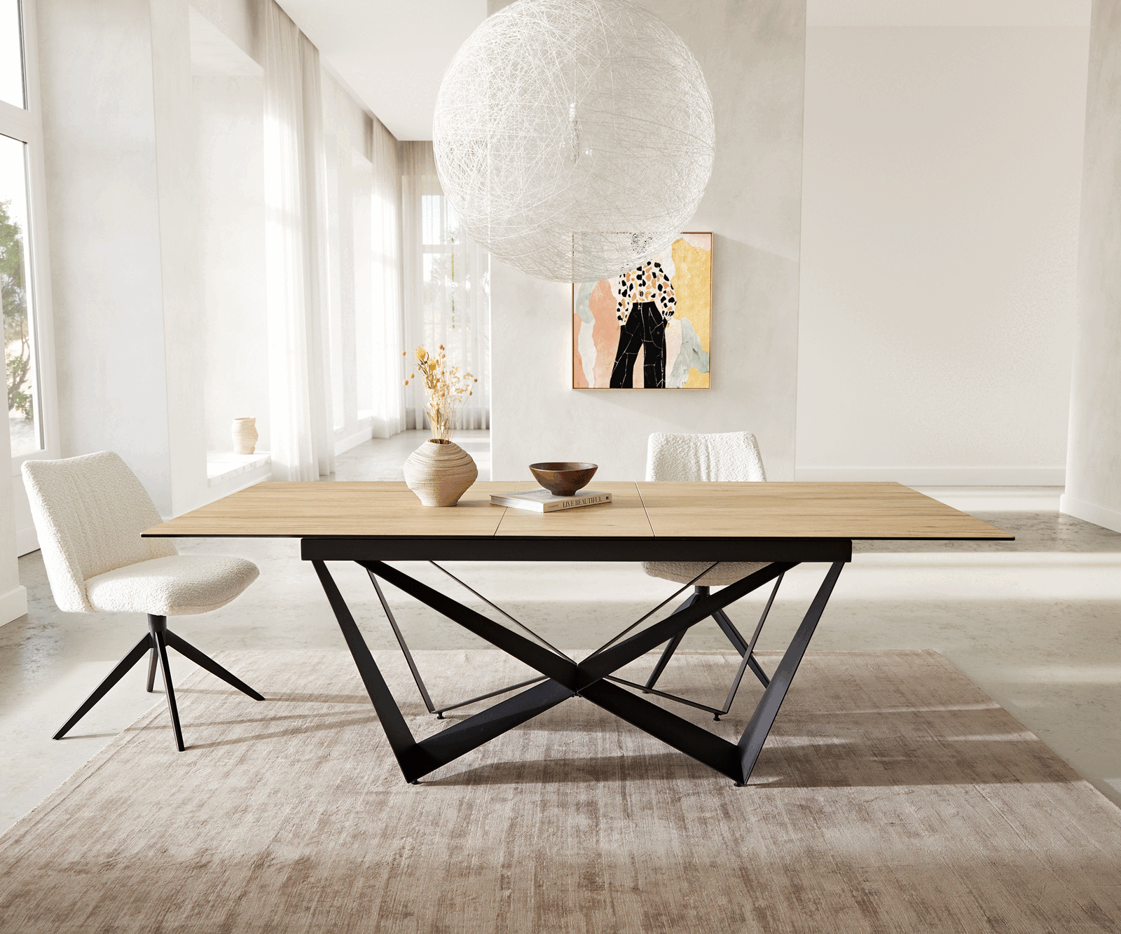 Маса 180-220x100 Keramik Laminam® Sabbia Дъбцвят Spider плоска стомана Черен разтегателна Edge 2