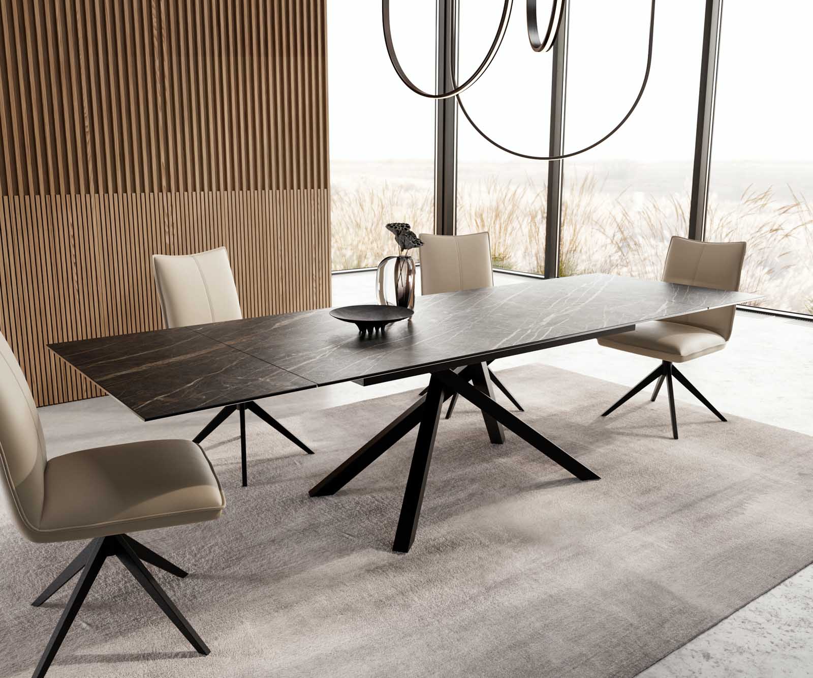Разтегателна трапезна маса Edge 200-300х100 см Керамика Laminam®Noir Desir Тъмнокафяв Кръсртовидна основа Черен 6
