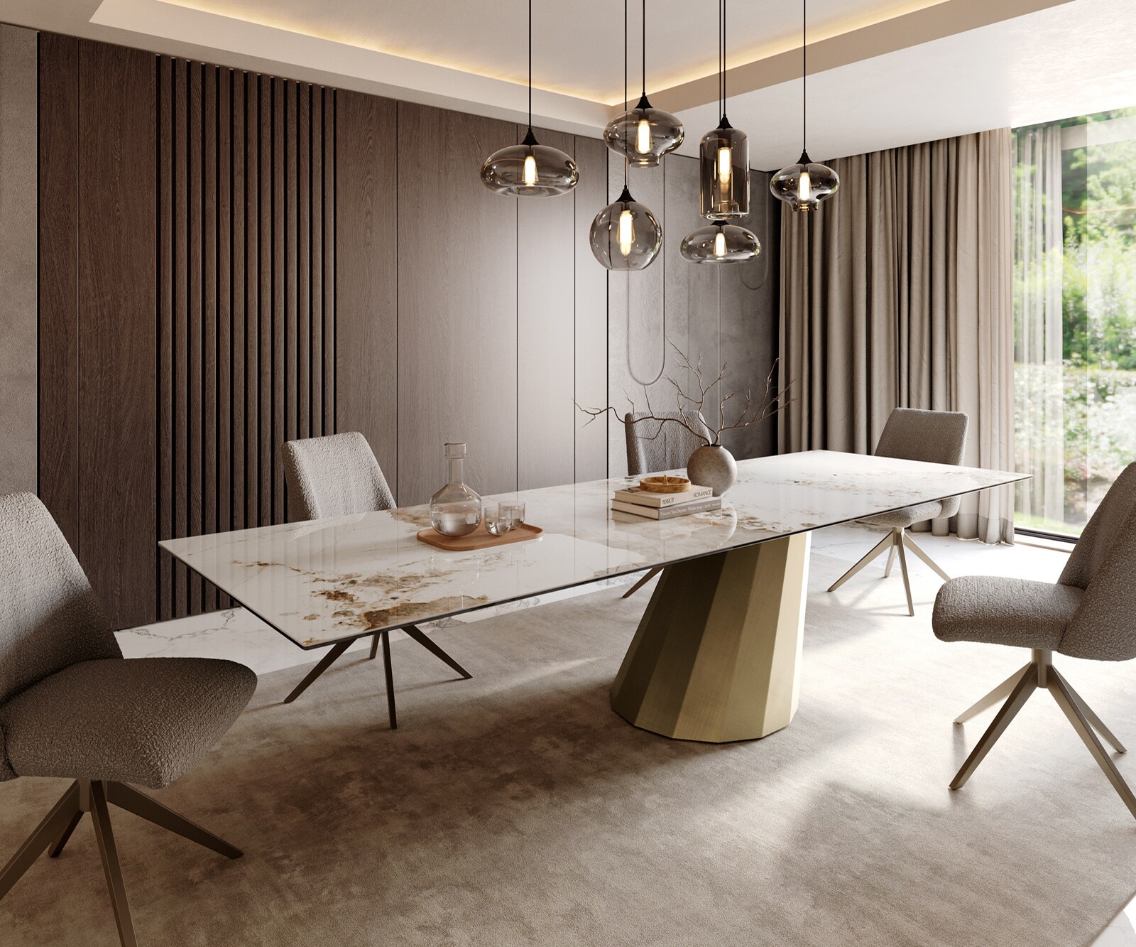 Трапезна маса Edge 300x100 керамика Minas Melange бяло-бежово Parabola металик злато 2