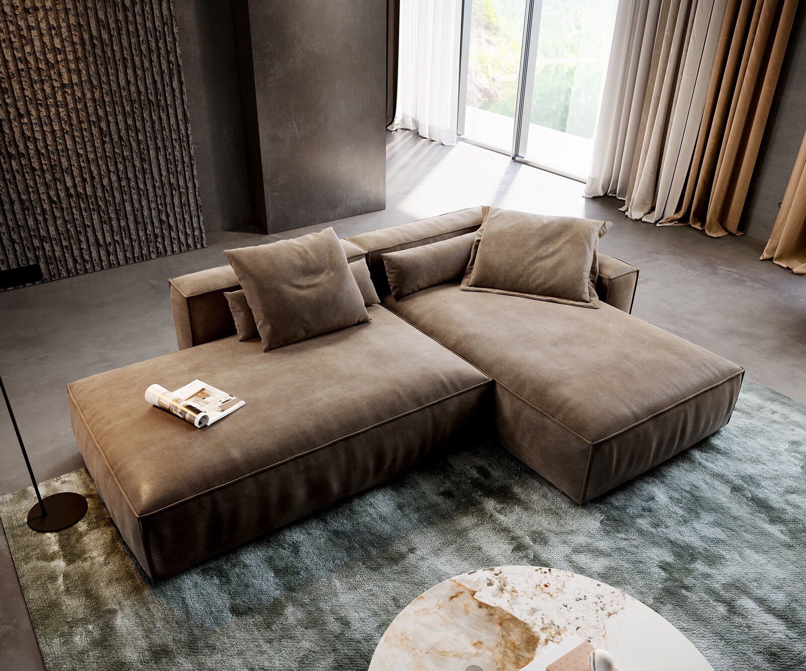 Ъглов диван Freestyle 310x200 cm микрофибър сив цвят винтидж шев с тръби 3