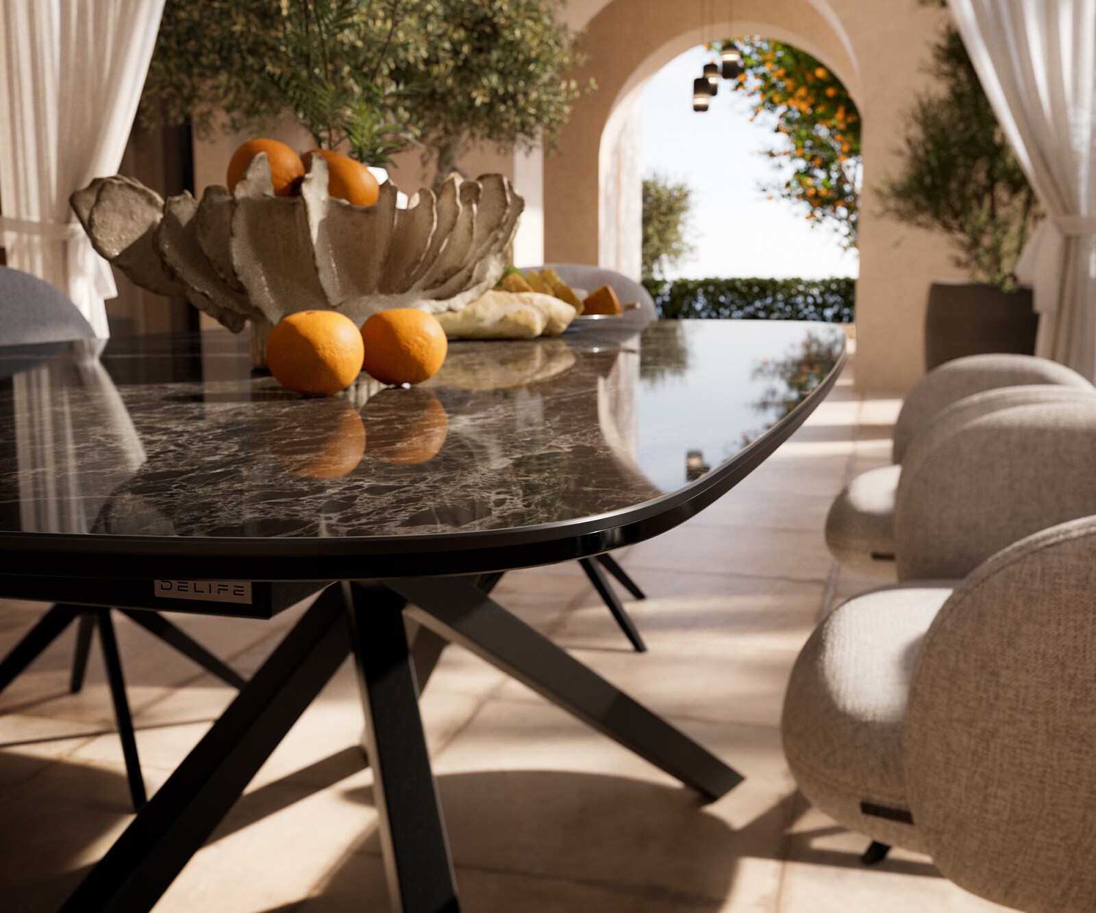 Маса Edge тип Лодка 240x120 см, керамика Laminam „®“, Подходяща за външна употреба, Emperador Extra Lucidato, тъмнокафяво, кръстосана рамка, правоъгълна, черна 4