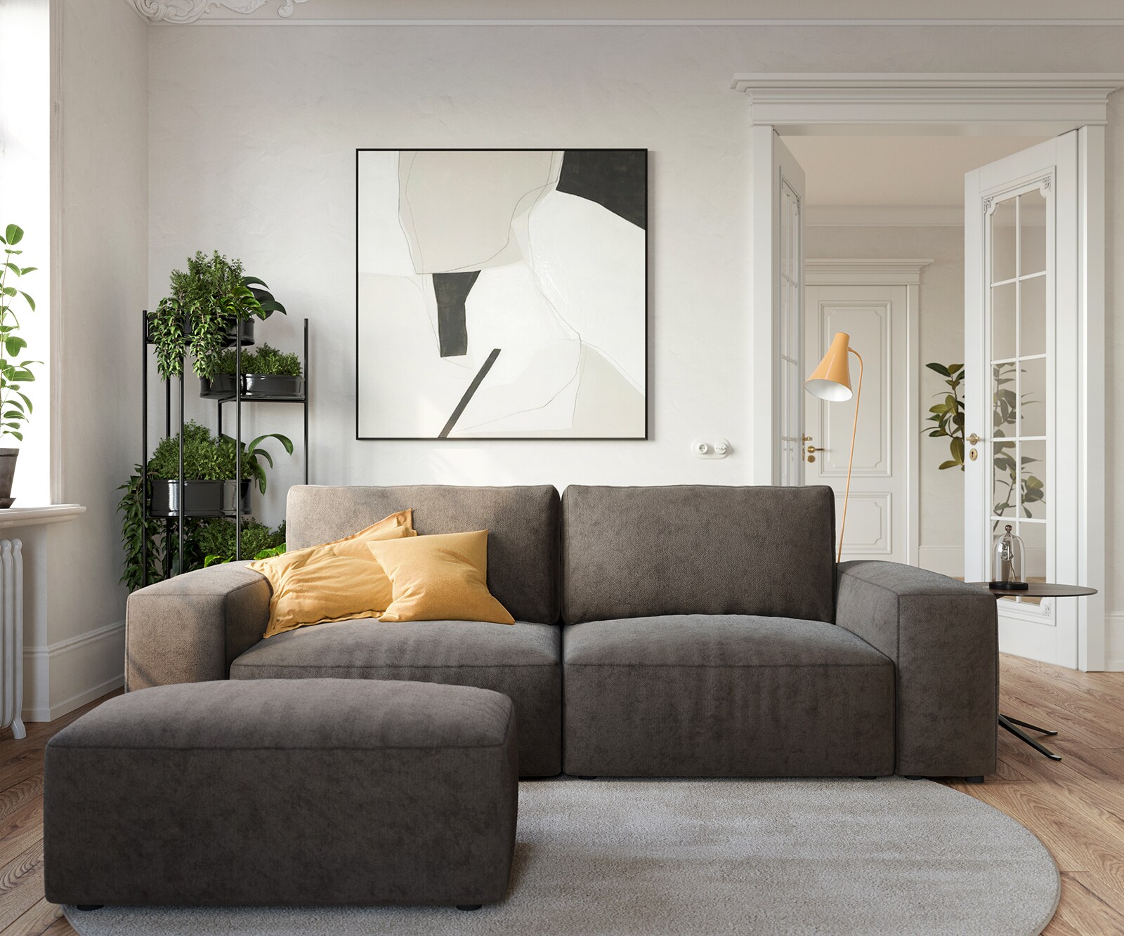 Голям диван L 230x95 cm Микрофибър Каки-Кафяв с табуретка Lanzo 1