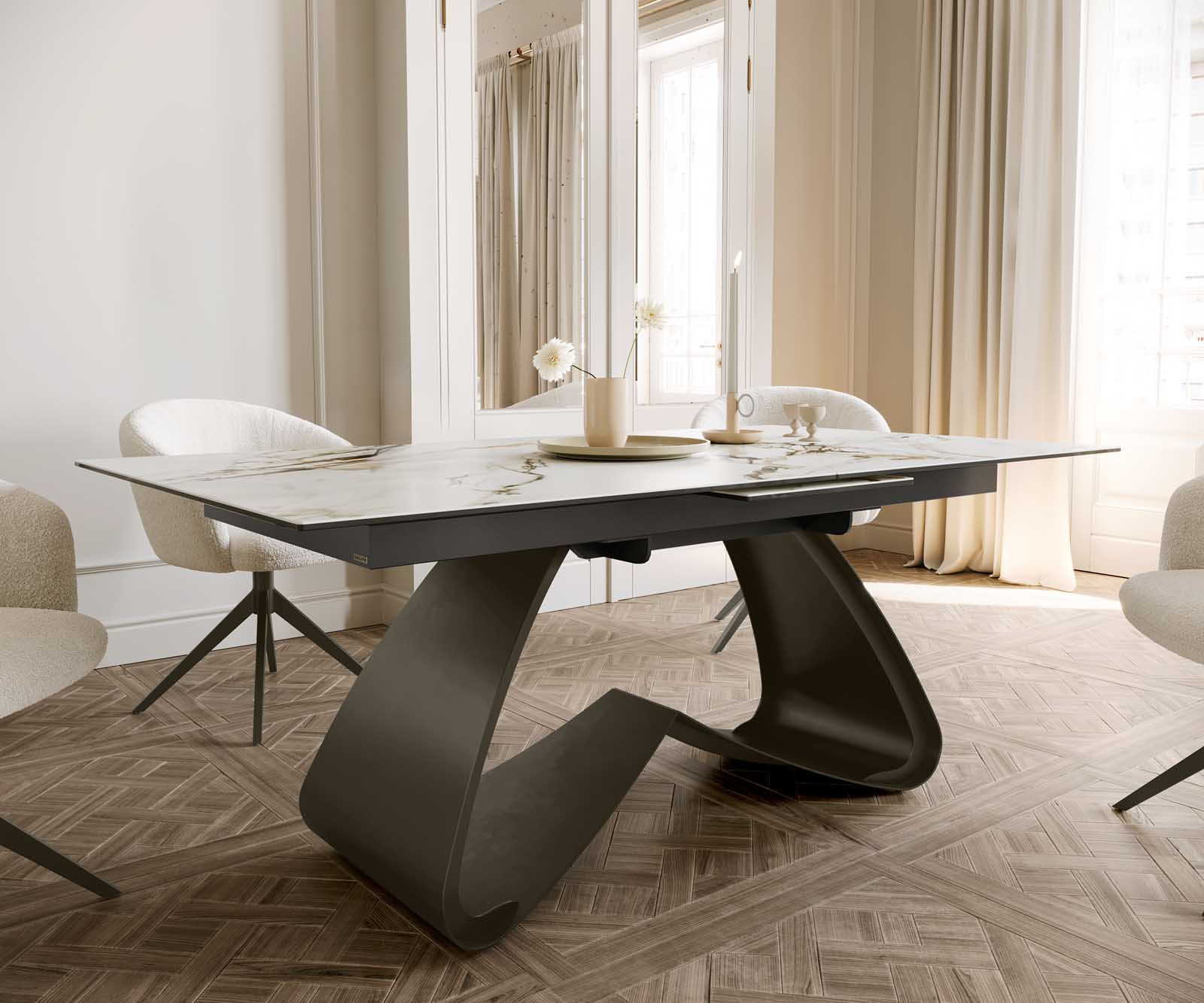 Разтегателна трапезна маса Edge 180-220х100 см Керамика Calacatta Luxe Бял-Злато-Сив W-образна основа Титаниев цвят 7
