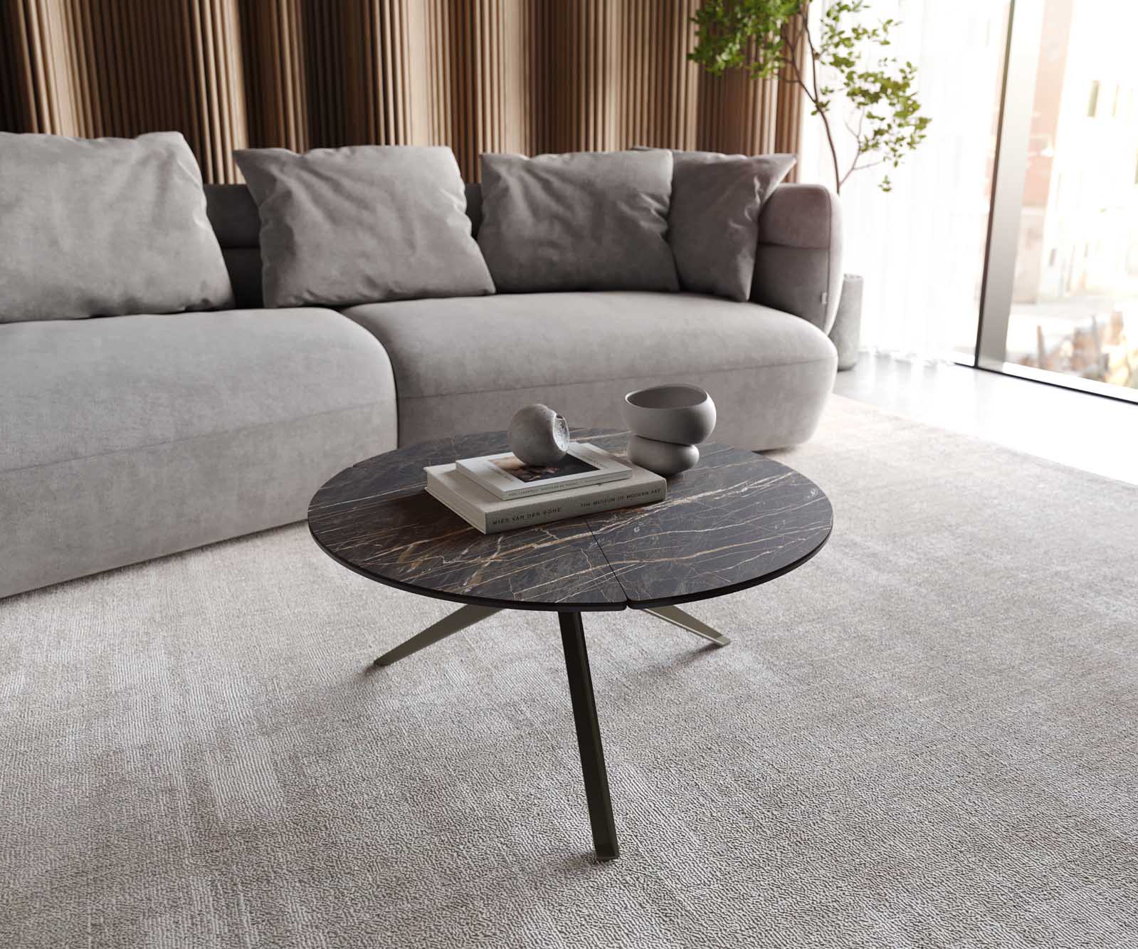 Холна маса Delron 90x90 см керамика Laminam®Emperador Extra Lucidato в тъмнокафяво, Кръстосана, метална, черна основа