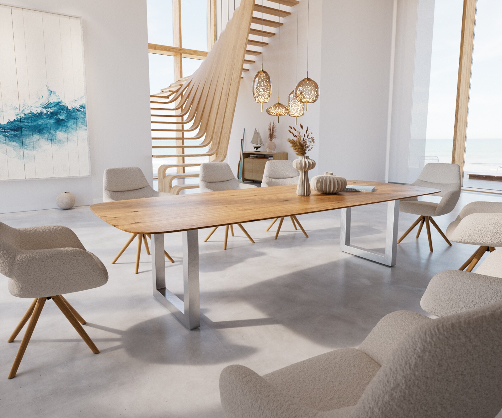 Маса Boot 300x100 Дъб Натурал Неръждаема стомана Широк профил Швейцарски ръб Edge