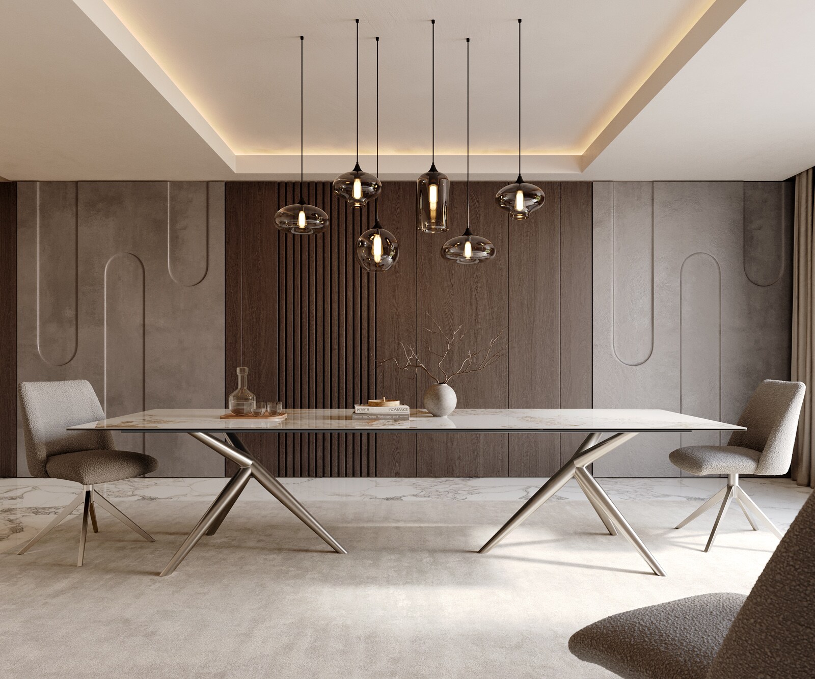 Трапезна маса Edge 300x100 керамична Minas Melange бяло-бежова Estelar кръгла от неръждаема стомана