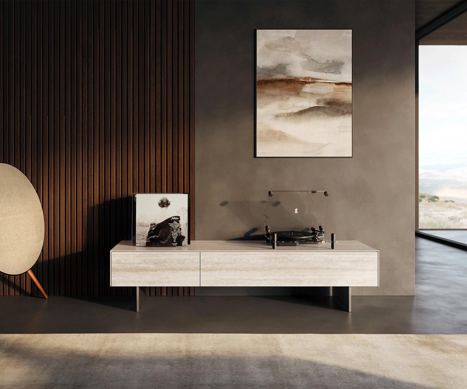 Ниска дъска Cuor 150 см Керамичен ламинат® Travertino Bianco Крем-бяло 1 клапа 1 чекмедже Основа Плаващ вид Неръждаема стомана 2