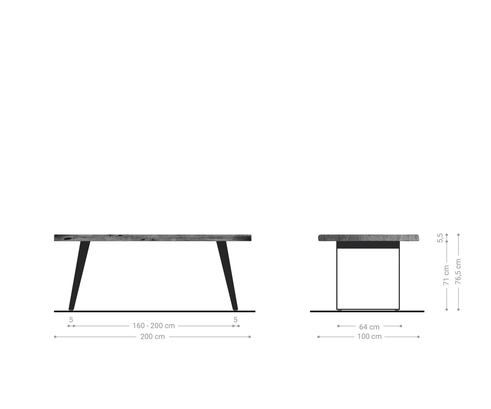 Трапезна маса Edge 200x100 см XL, акация, платинен неръждаем стоман, сребрист, с наклонен „Live-Edge“ край 5