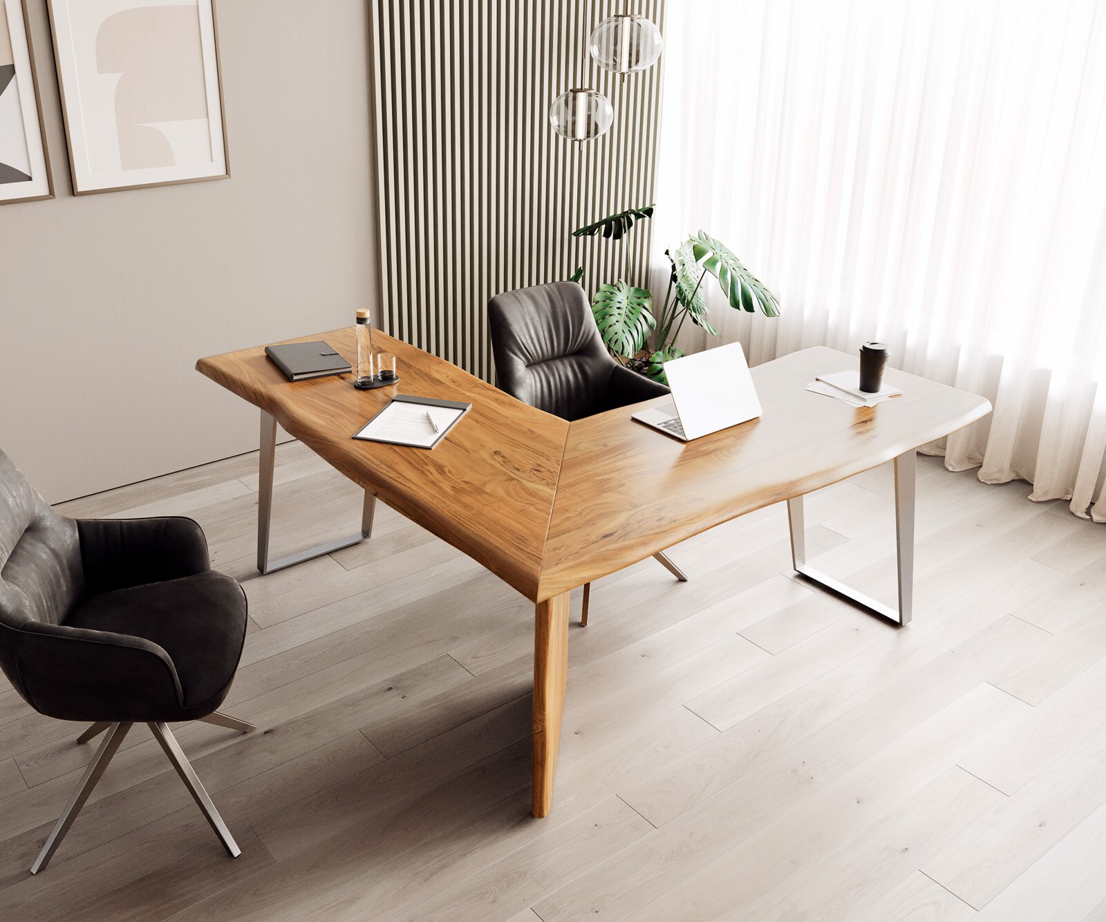 Бюро Live-Edge 170x170 естествена акациева рамка сребърен дървесен ръб 4