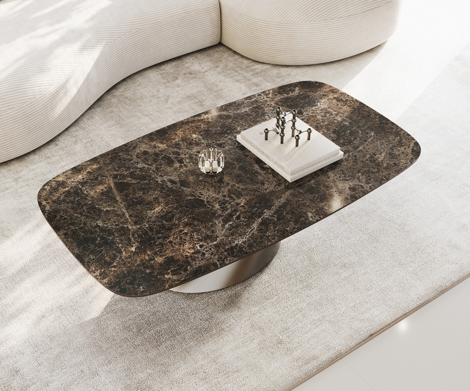 Масичка за кафе Edge Boot 140x80 cm керамика Laminam® Emperador Extra Lucidato Тъмно кафяво Conis матирана неръждаема стомана 4