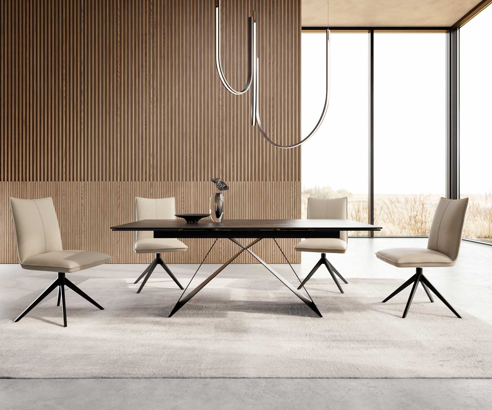 Разтегателна трапезна маса Edge 200-300х100 см Керамика Laminam®Noir Desir Тъмнокафяв V-образна метална основа Черен 4