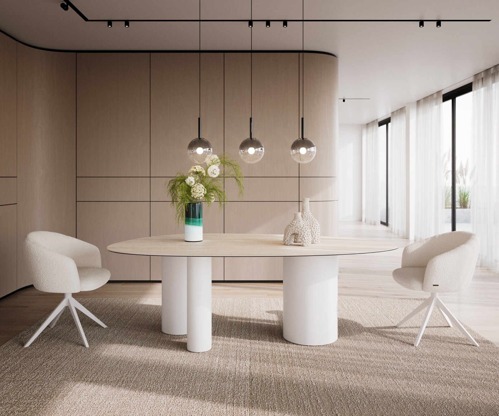 Трапезна маса Edge Oval 220x120, керамика Laminam „®“, Travertino Bianco, кремаво-бяла, Troa, метал, бяла 1