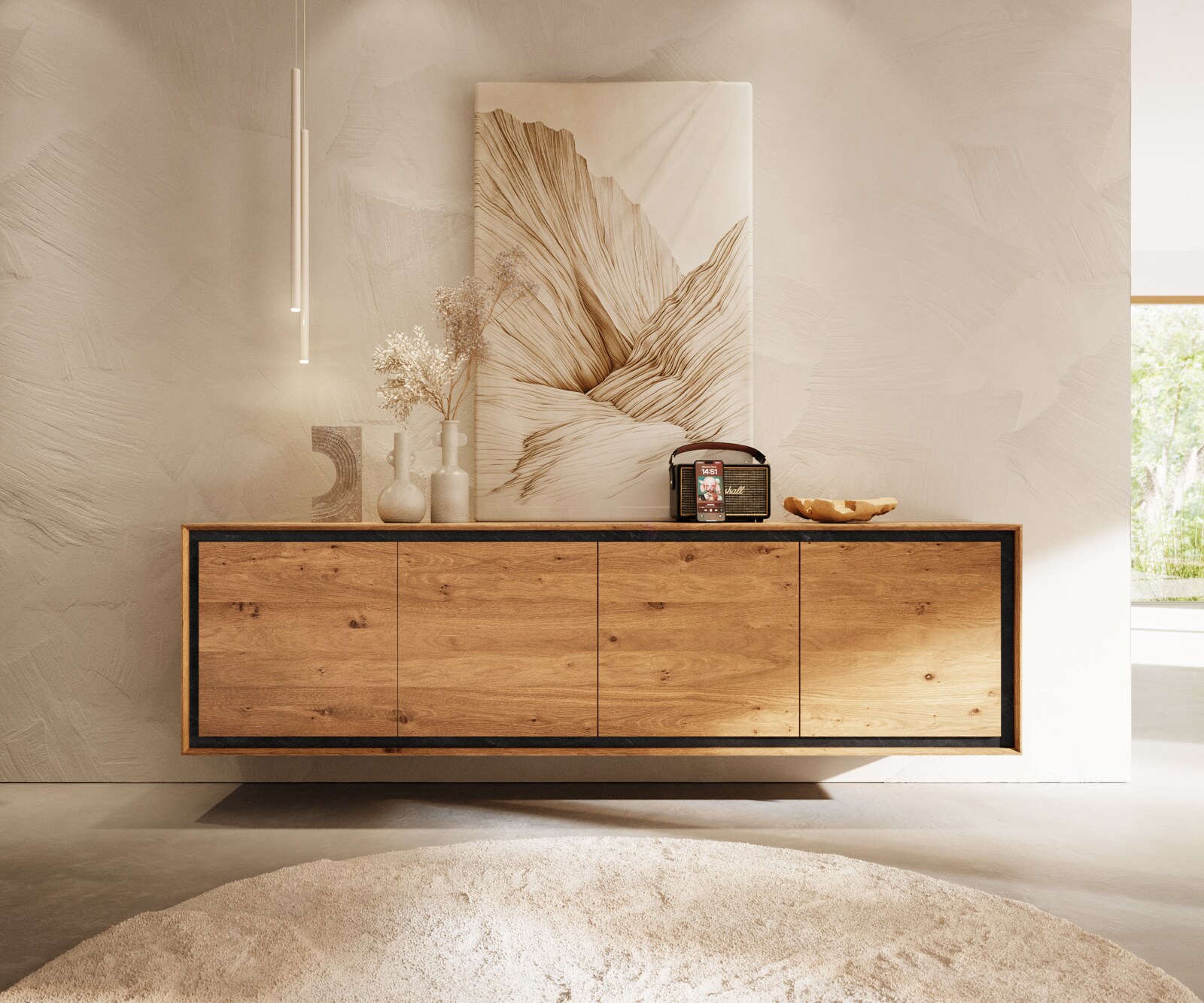 Шкаф Stonegrace 200 cm естествен дъб 4 врати каменен фурнир Плаващ 1