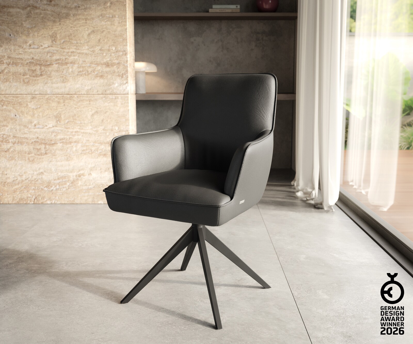 Врътящ се стол с подлакътници Естествена кожа Черен Конус крак плосък Черен 360° въртящ се Покет пружина Heira-Flex