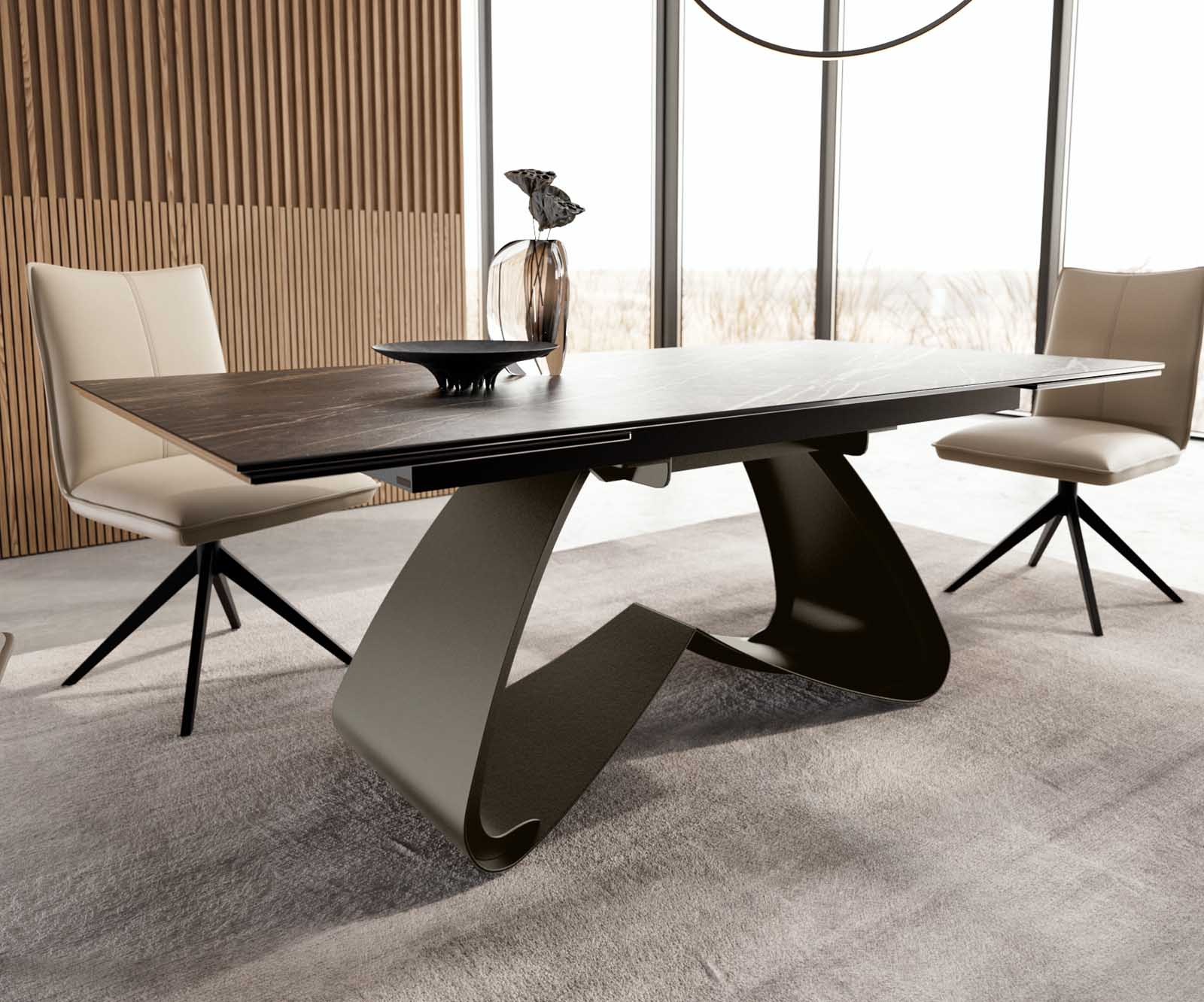 Разтегателна трапезна маса Edge 180-220х100 см Керамика Laminam®Noir Desir Кафяв W-образна основа Титаниев цвят 6