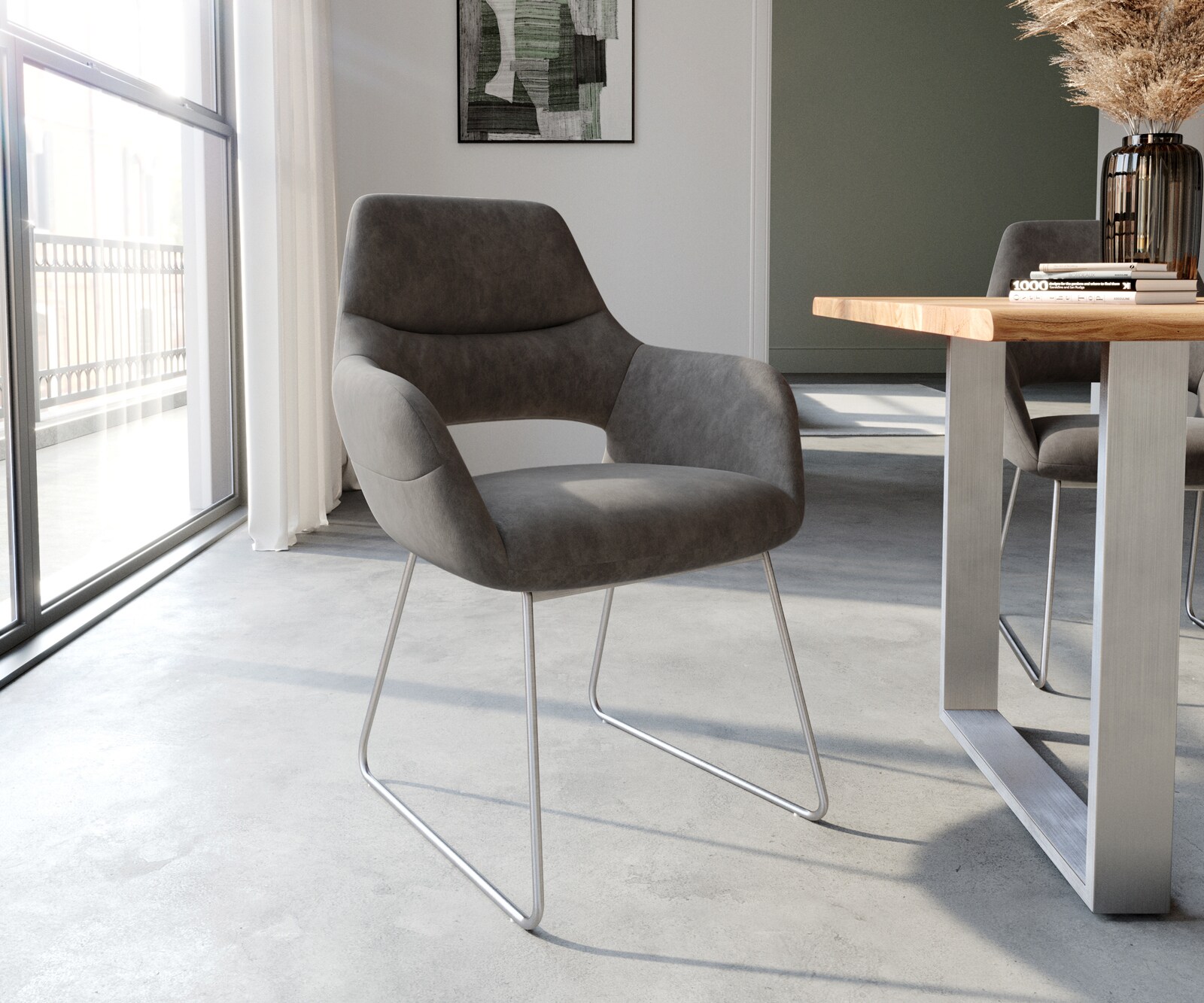 Стол с подлакътници Антрацит Винтидж Извити крака Неръждаема стомана Yago-Flex 1