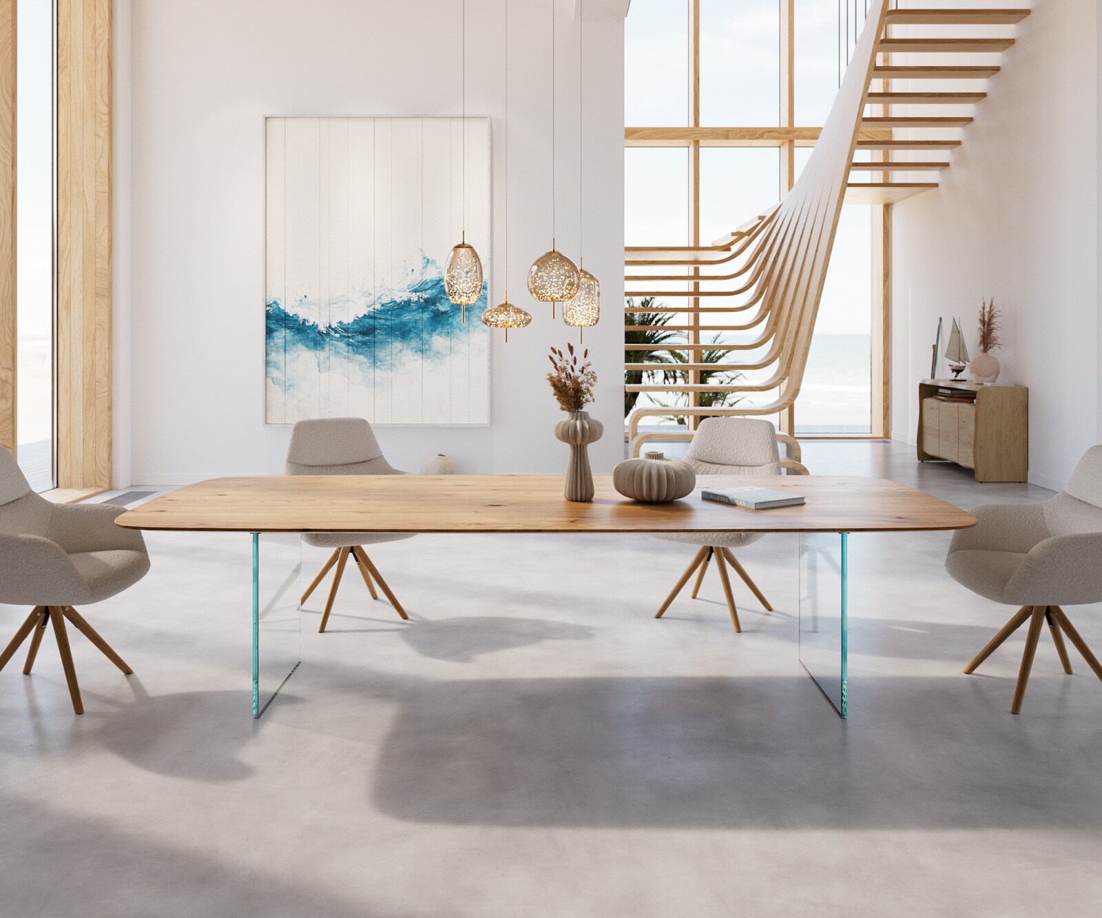 Маса Boot 300x100 Дъб Натурал Стъкло Швейцарски ръб Edge 2