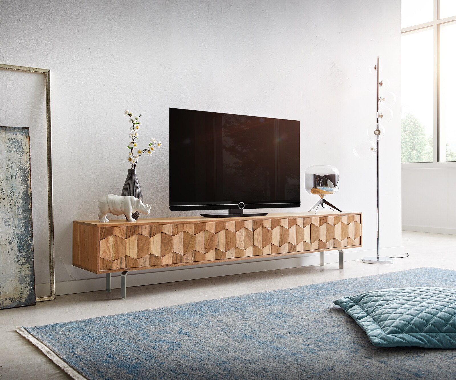 ТВ шкаф Fevo 220 cm, Масив Акация, 4 Врати, Г-Крак, Натурален  5