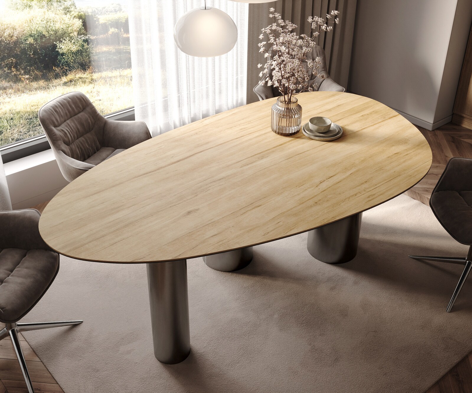Трапезна маса Edge Oval 220x120 Керамичен ламинат® Sabbia Дъбов цвят Pilier Неръждаема стомана Графит 3