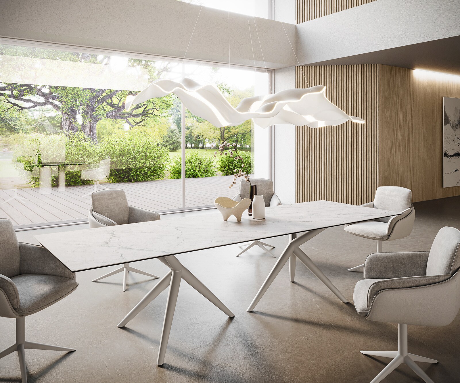 Трапезна маса Edge 300x100, керамика Laminam „®“, Statuarietto бяло, Estelar кръгла, метал бял 1