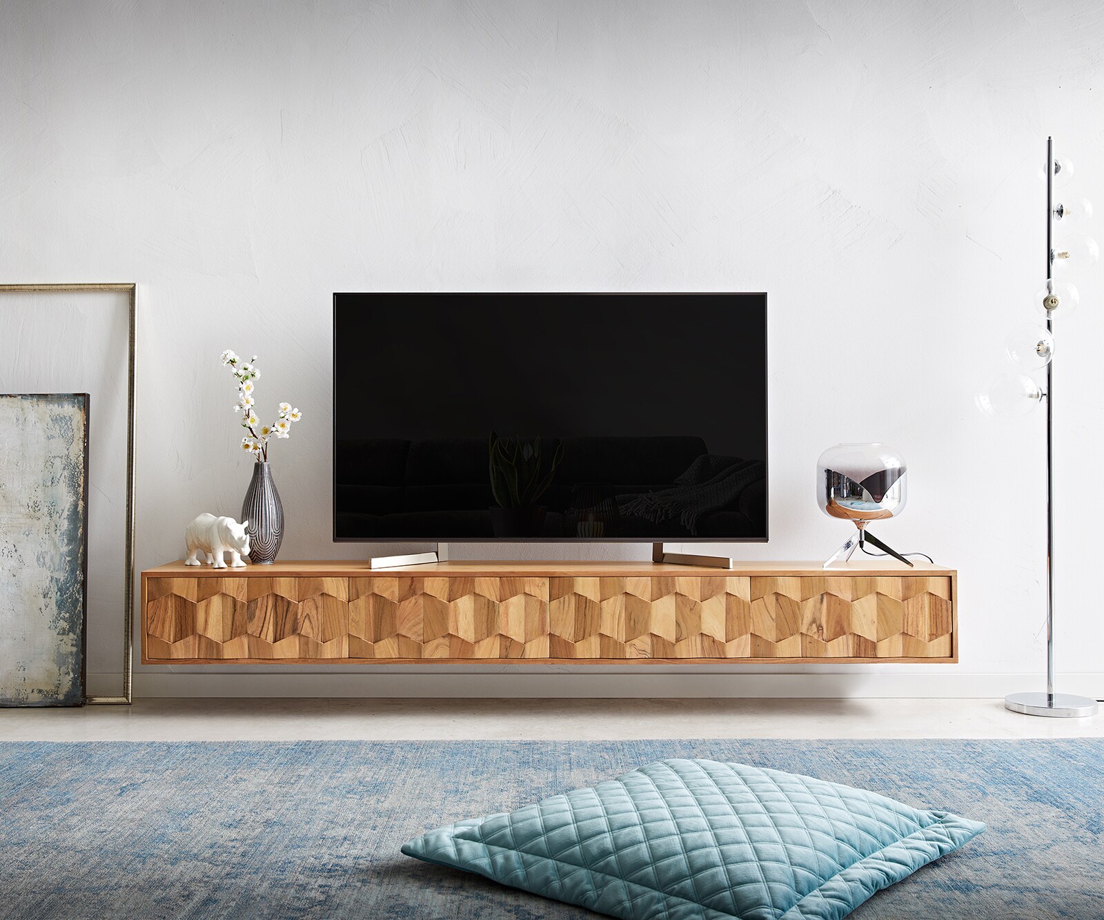 ТВ шкаф за стена Fevo 220 cm Масив Акация, 4 Врати, Натурален 1