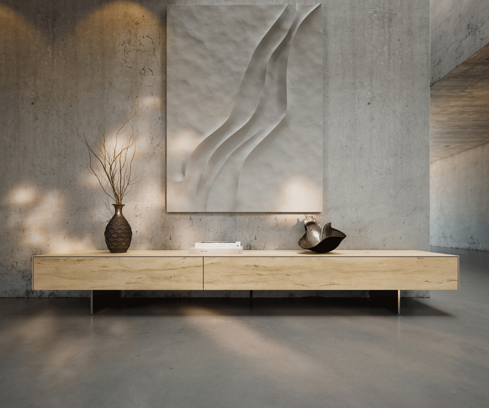 Ниска дъска Cuor 250 cm Керамичен ламинат® Sabbia Дъбов цвят 1 капак 1 чекмедже Основа Окачен вид неръждаема стомана 2