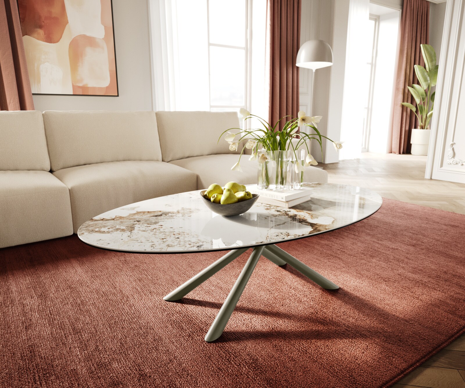 Масичка за кафе Edge Oval 140x80 cm керамика Minas Melange Sarity метален ефект покритие титан 1