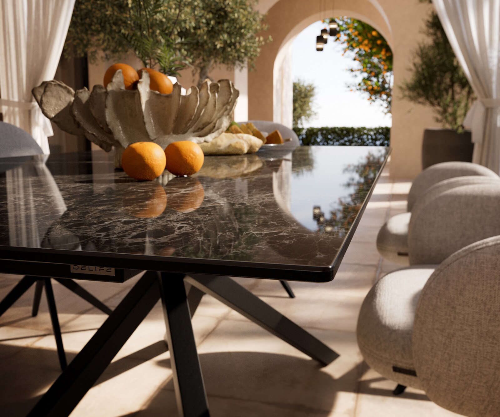 Маса Edge 200x100 см, керамика Laminam „®“, Emperador Extra Lucidato, подходяща за външна употреба, тъмнокафяво, кръстосана рамка, правоъгълна, черна 4