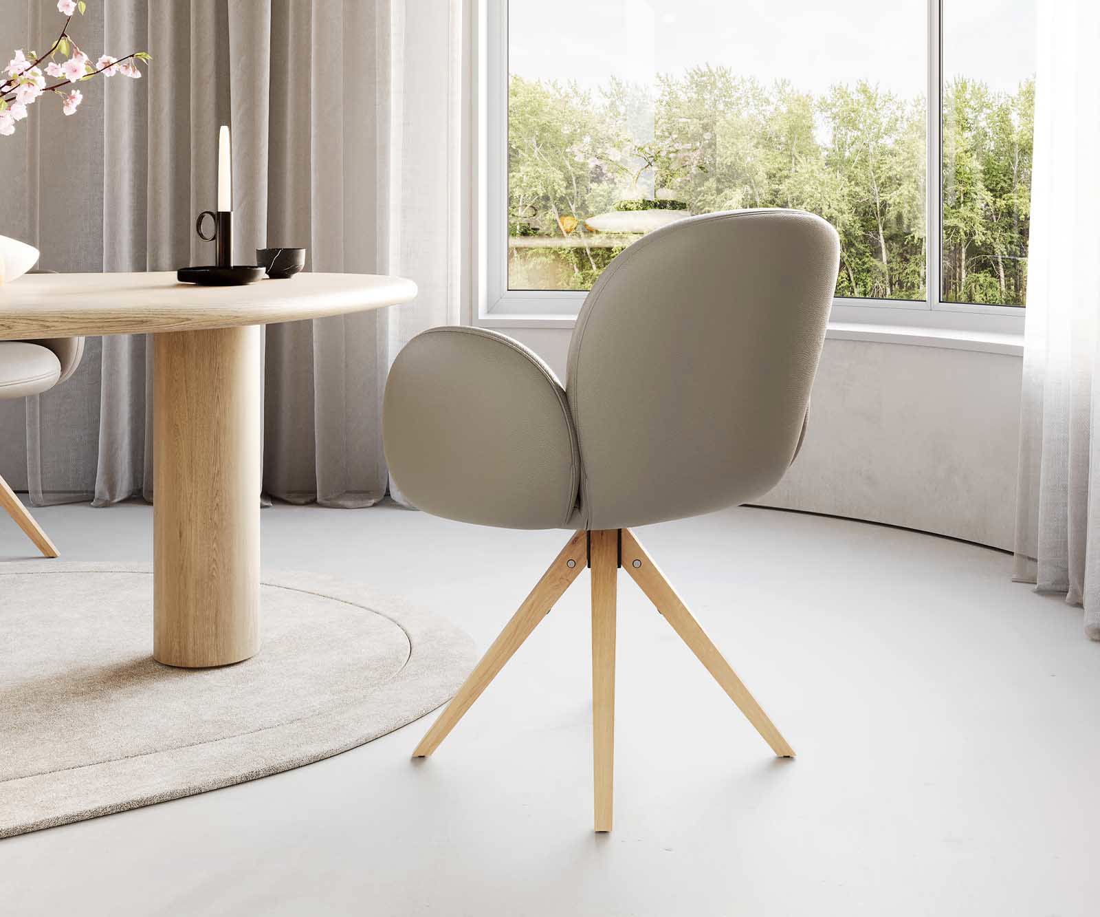 Врътящ се стол с подлакътници Естествена кожа Сиво-Кафяв Дървена рамка  Натурал 180° въртящ се Покет пружина Nube-Flex 4