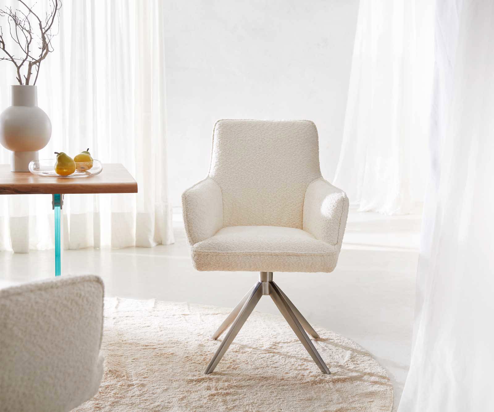 Врътящ се стол с подлакътници Букле Бял Конус крак плосък Неръждаема стомана 360° въртящ се Покет пружина Heira-Flex 1 Врътящ се стол с подлакътници Букле Бял Конус крак плосък Неръждаема стомана 360° въртящ се Покет пружина Heira-Flex 1