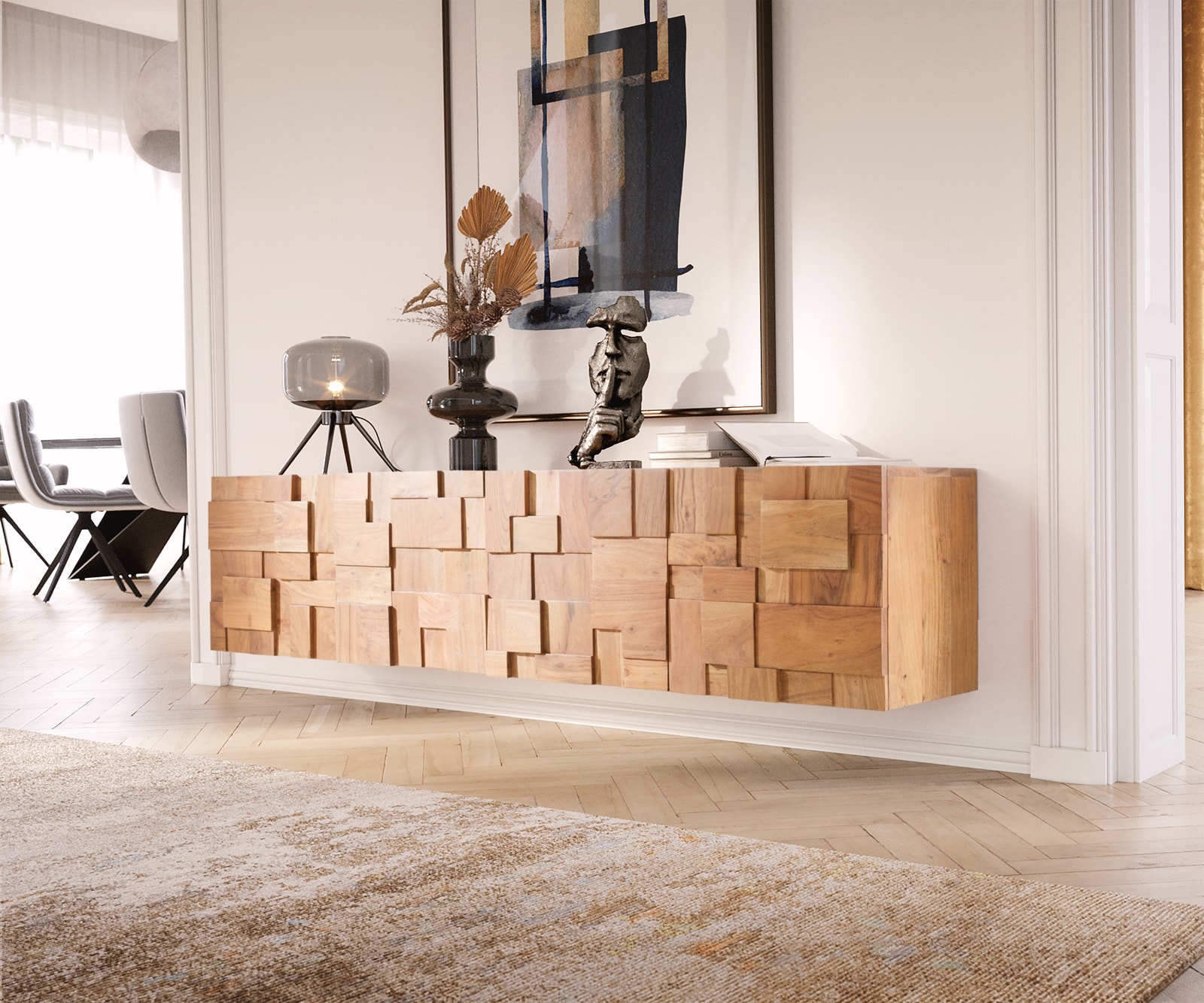 ТВ шкаф 175 cm 4 Врати Акация Натурал висящ Puzzle ТВ шкаф 175 cm 4 Врати Акация Натурал висящ Puzzle