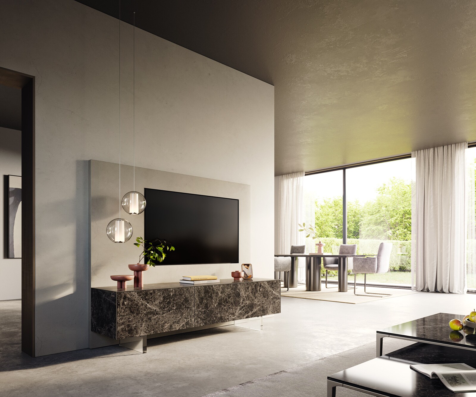 ТВ шкаф Cuor 180 см керамика Laminam® Emperador Extra Lucidato Тъмно-кафяво 1 врата 2 чекмеджета Основа Акрилно стъкло 7