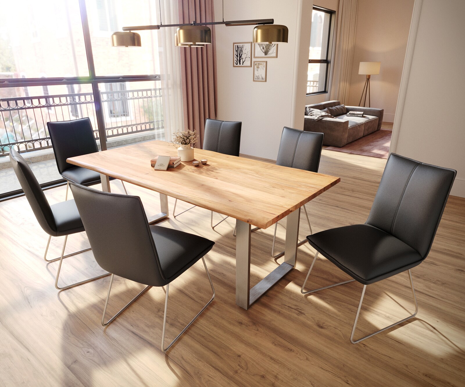 Трапезен стол Естествена кожа Черен Извити крака Неръждаема стомана  Покет пружина Lelio-Flex 4