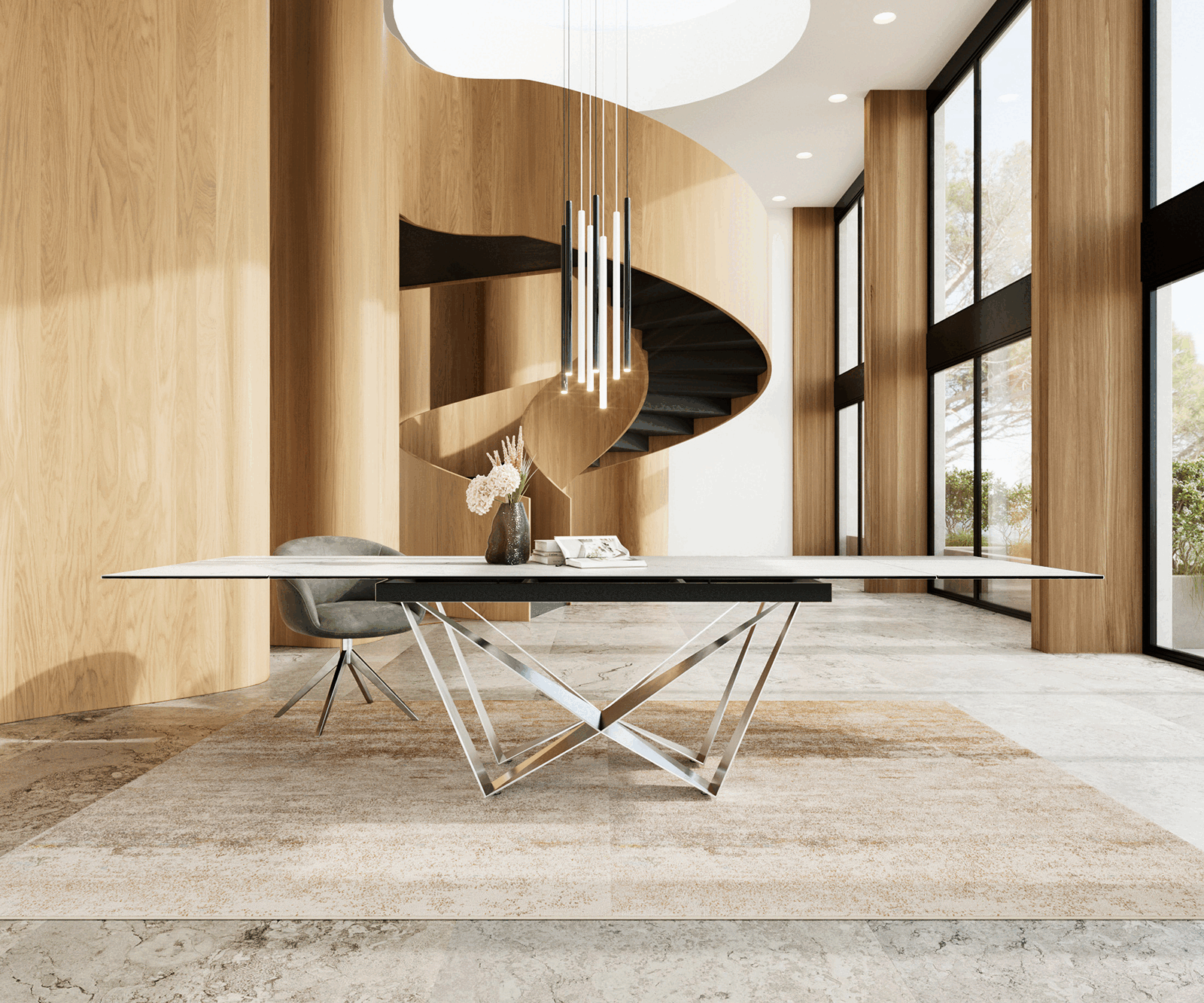 Разтегателна трапезна маса Edge 200-300х100 см Керамика Laminam®Statuarietto Бял Основа стомана тип Spider Сребристосив цвят 1