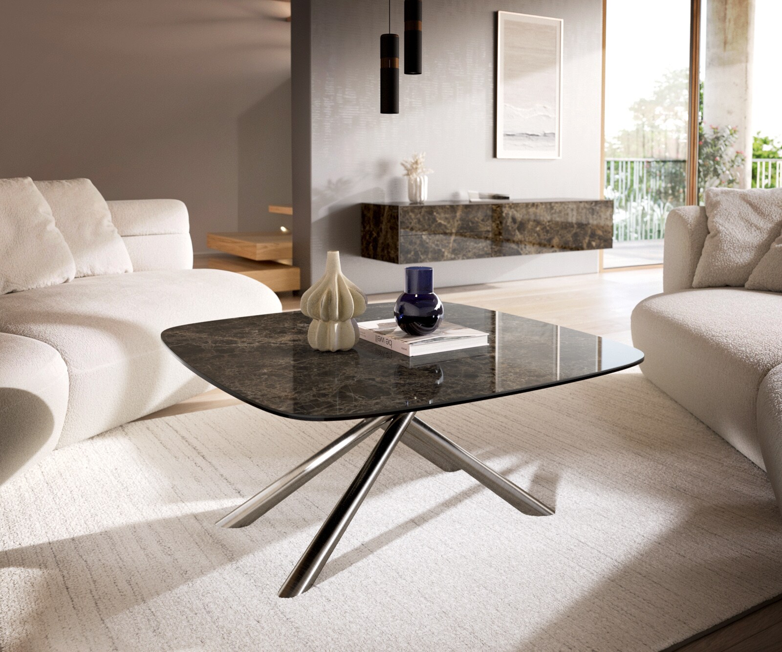 Масичка за кафе Edge Boot 90x90 cm керамика Laminam® Emperador Extra Lucidato Тъмно кафяво Sarity Матирана неръждаема стомана 1