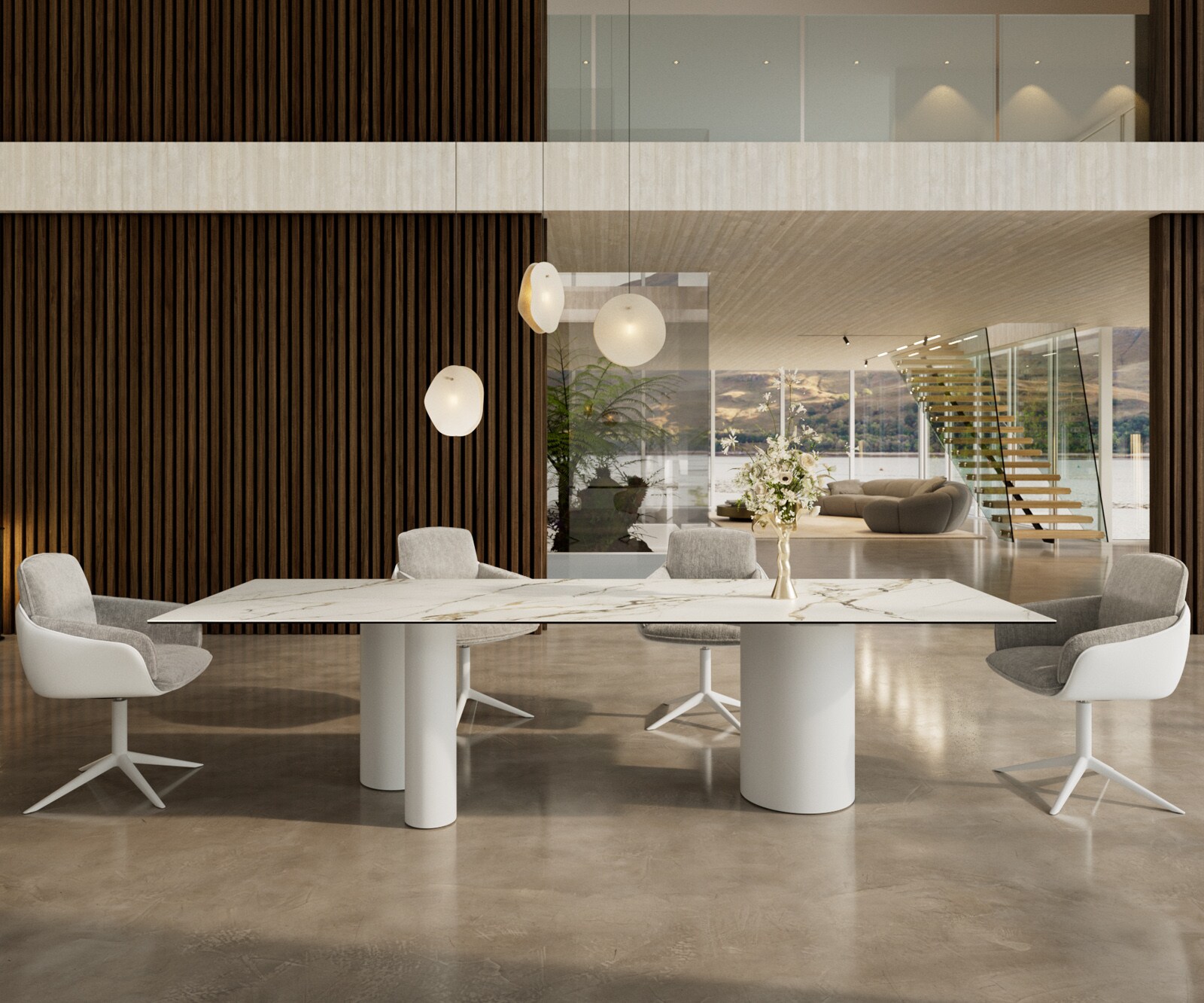 Трапезна маса Edge 300x100, керамика Calacatta Luxe, бяло-златно-сиво, метал Troa, бял