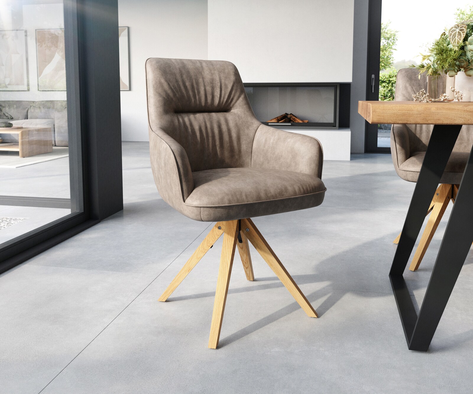 Врътящ се стол с подлакътници Таупе Винтидж Дървена рамка  180° въртящ се Покет пружина Zelia-Flex 1