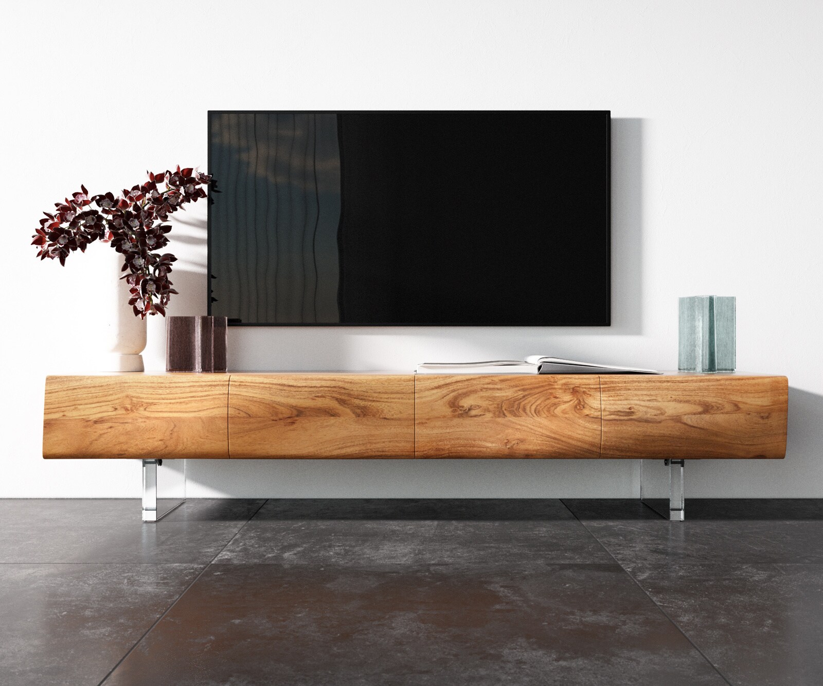 Нисък шкаф New Live-Edge 175 см, естествена акация, 4 врати, акрилна основа 3