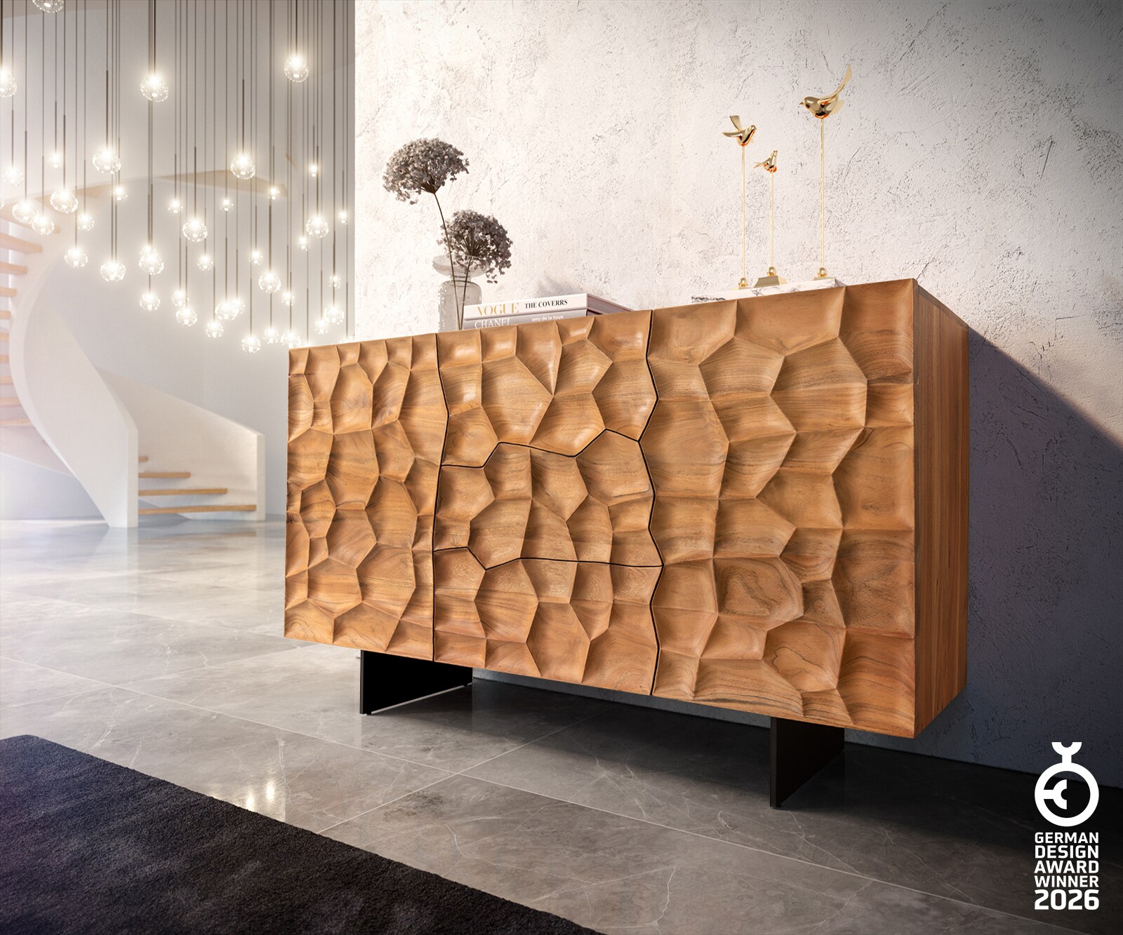 Бюфет 145 cm Акация Натурал 2 Врати 3 Чекмеджета Крак висящ Метал Черен 3D-Front Solu