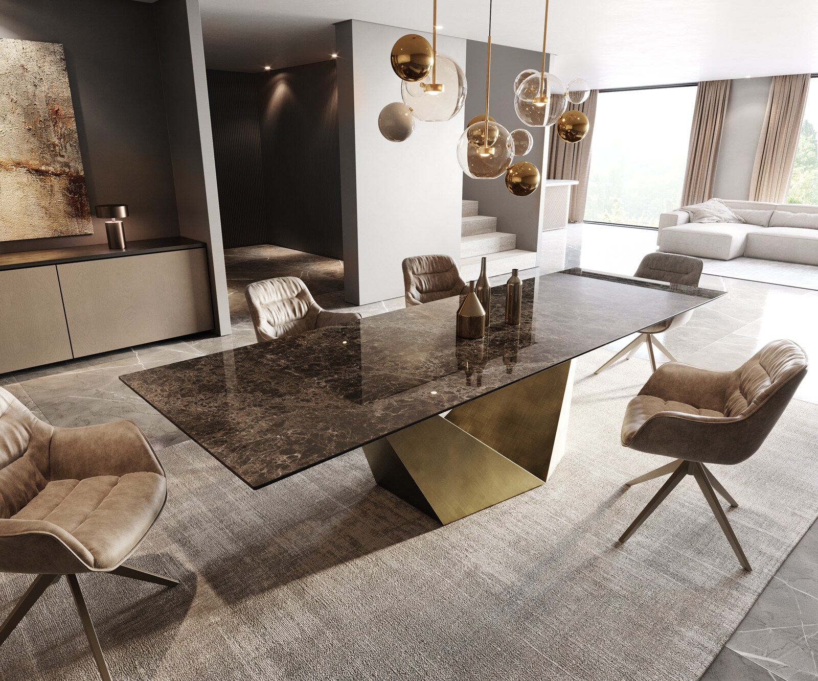 Маса за хранене Edge 300x100 Керамичен ламинат® Emperador Extra Lucidato Тъмнокафяво Prisma Metallic Gold