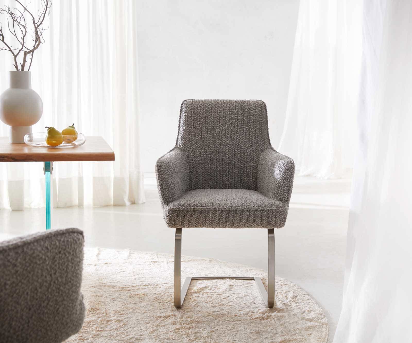 Люлеещ стол с подлакътници Букле Сребристо сив Конзолен крак плосък Неръждаема стомана Покет пружина Heira-Flex 1 Люлеещ стол с подлакътници Букле Сребристо сив Конзолен крак плосък Неръждаема стомана Покет пружина Heira-Flex 1