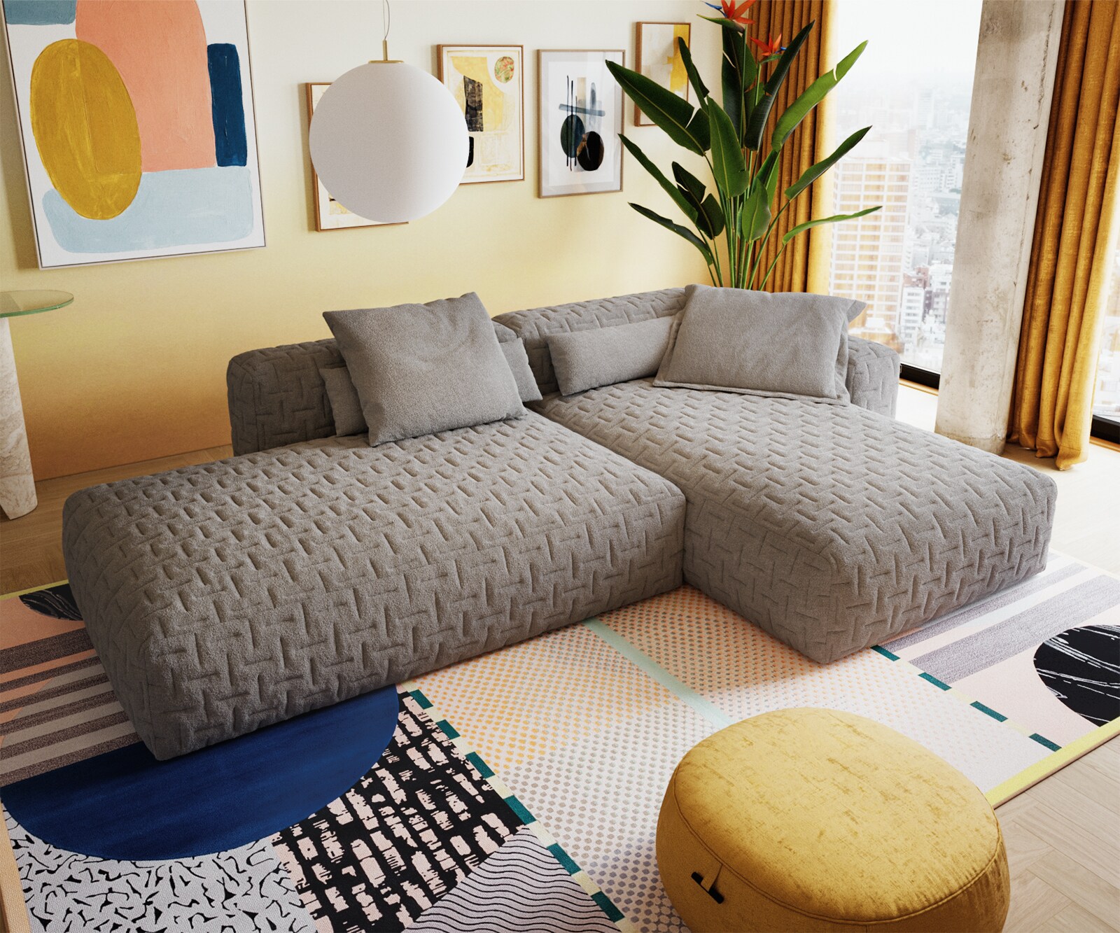 Ъглов диван Freestyle 310x200 cm текстурирана тъкан меко сиво ватирано 3