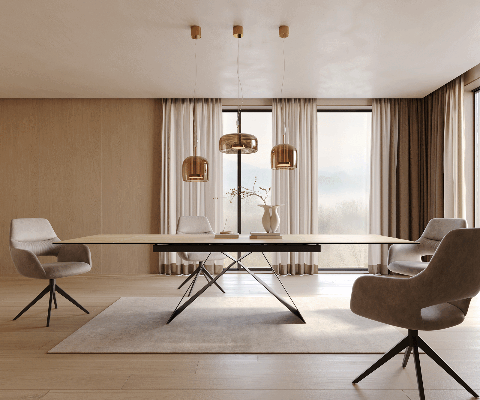 Разтегателна трапезна маса Edge 200-300х100 см Керамика Laminam® Sabbia Цвят Дъб V-образна метална основа Черна 2