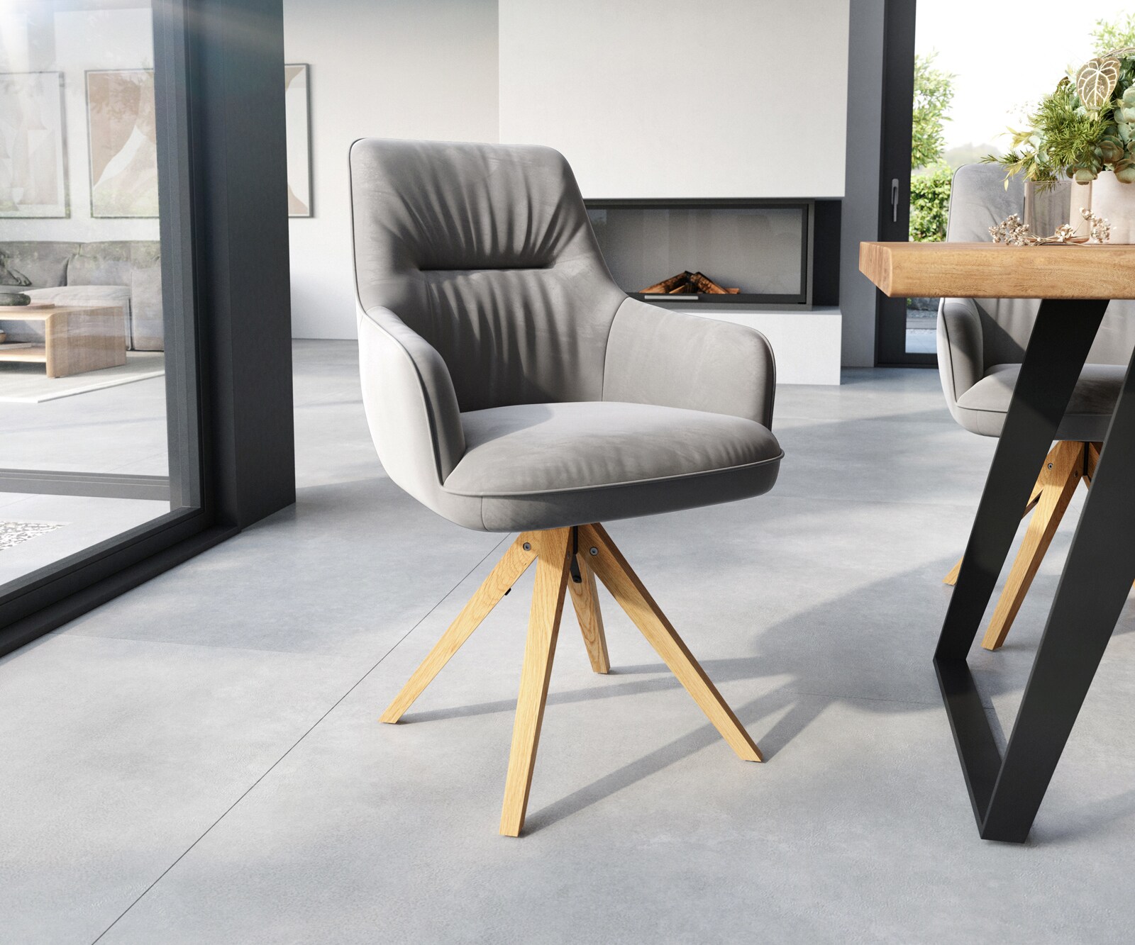 Врътящ се стол с подлакътници Кадифе Сив Дървена рамка  180° въртящ се Покет пружина Zelia-Flex